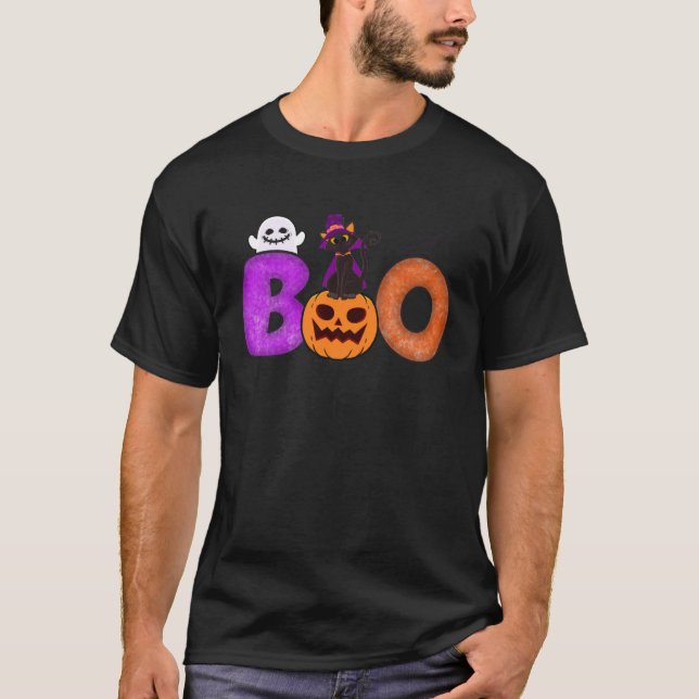 Boo Cat Pumpkin Halloween Ghost Costume Leopard T-Shirt (Front)