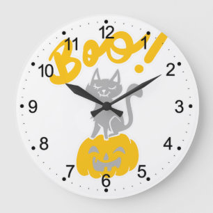 Boo cat with halloween pumpkins - Choose back colo Large Clock