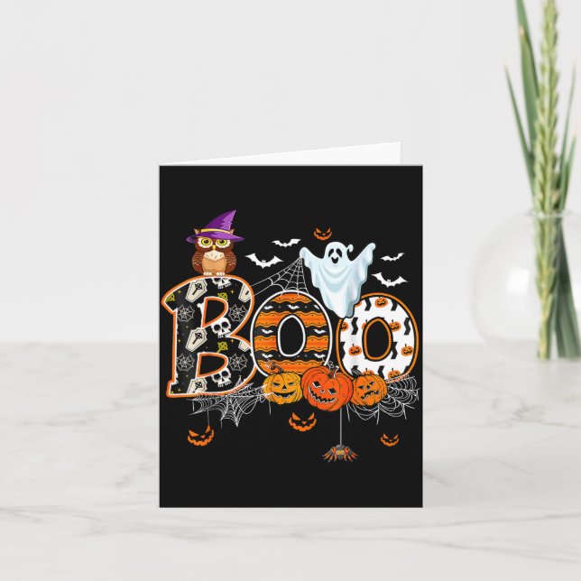 Boo Creepy Owl Pumpkin Ghost Halloween Men Women K Card (Front)