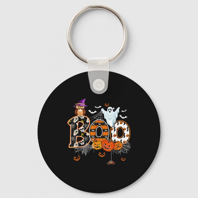 Boo Creepy Owl Pumpkin Ghost Halloween Men Women K Keychain (Front)