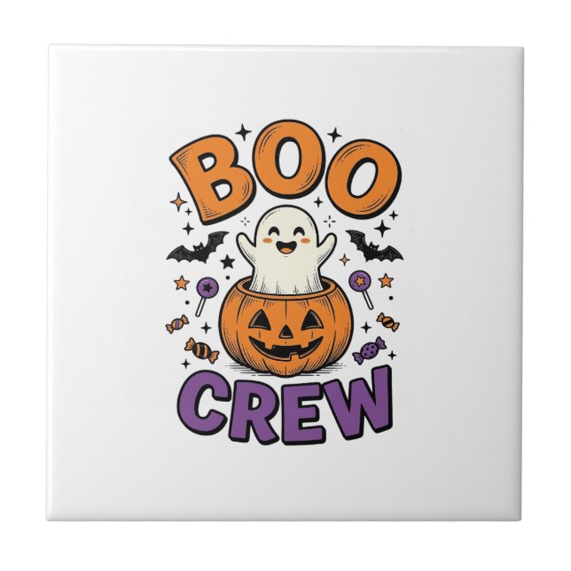 Boo Crew Cute Ghost Pumpkin Halloween Shirt Design Tile (Front)