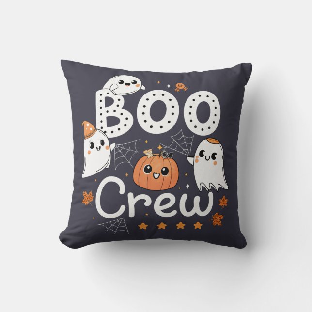 Boo Crew Cute Halloween Ghosts and Pumpkin Throw Pillow (Front)