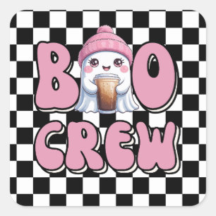 Boo Crew Pink Ghost with Iced Coffee Personalized Square Sticker
