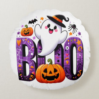 Boo Cute Ghost Halloween Design  Round Pillow