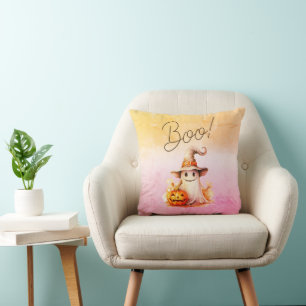 Boo! Cute Ghost Jack-O' Lantern Halloween Throw Pillow