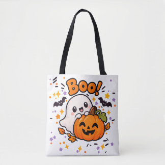 Boo Cute Ghost Pumpkin Halloween Tote Bag