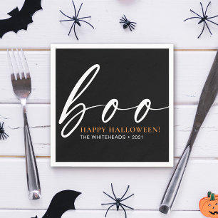 Boo Cute Happy Halloween Black Napkin
