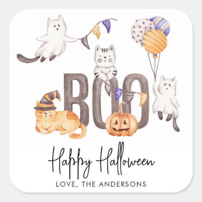 Boo Cute Kid's Happy Halloween Cats Cat Lover Square Sticker (Front)