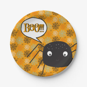 Boo!, cute spider pumpkin spider-web patterned paper plate