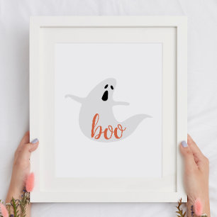 Boo. Cute white orange ghost. Halloween kids party Poster