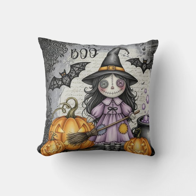 Boo & Cute Witch and lanterns Throw Pillow (Front)