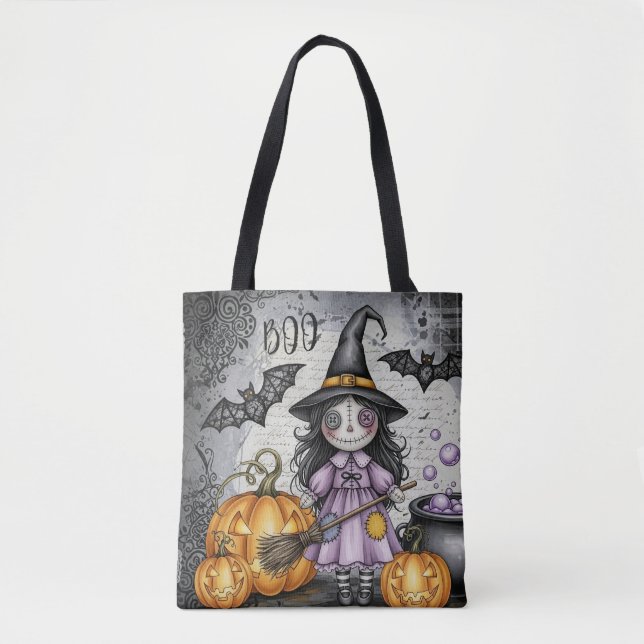 Boo & Cute Witch and lanterns Tote Bag (Front)