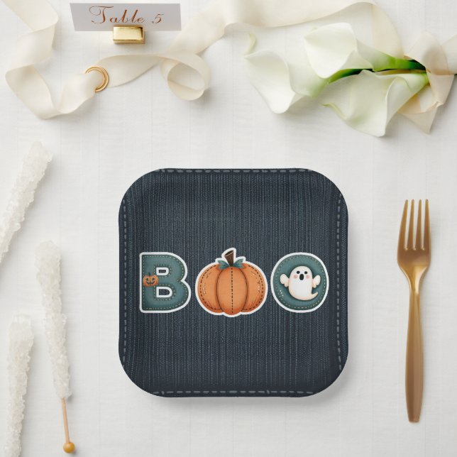 BOO Denim Rustic Country Pumpkin Ghost Halloween Paper Plate (Wedding)