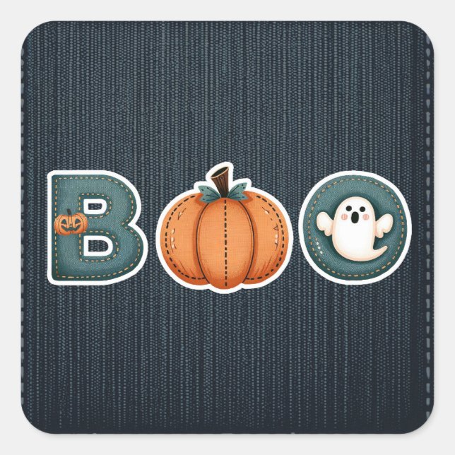 BOO Denim Rustic Country Pumpkin Ghost Halloween Square Sticker (Front)
