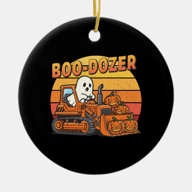 Boo Dozer Ghost Funny Halloween Ceramic Ornament (Front)