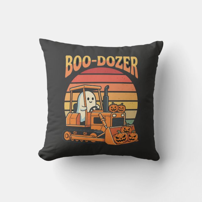 Boo-Dozer Halloween Ghost Pumpkin Bulldozer Throw Pillow (Front)