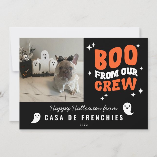 Boo From Crew | Modern Retro Halloween Photo Black Holiday Card (Front)