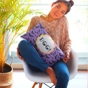 BOO! Funny Halloween Purple/Black Flying Bats  Accent Pillow