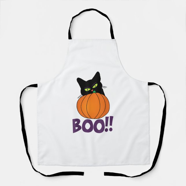 Boo Funny Jolly Cat Peeking Pumpkin Halloween part Apron (Front)