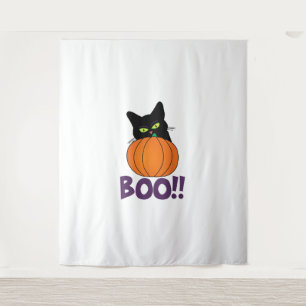 Boo Funny Jolly Cat Peeking Pumpkin Halloween part Tapestry