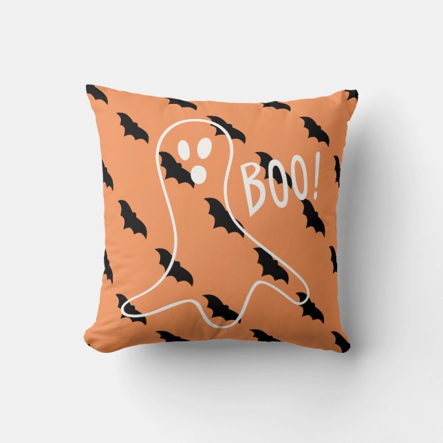 Boo! Ghost and Bats Halloween Throw Pillow (Front)