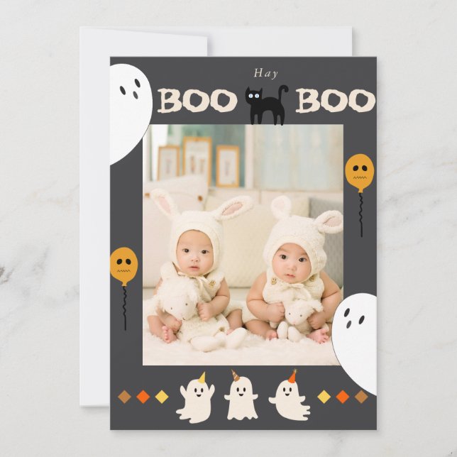 BOO Ghost And Black Cat Photo Halloween Card (Front)