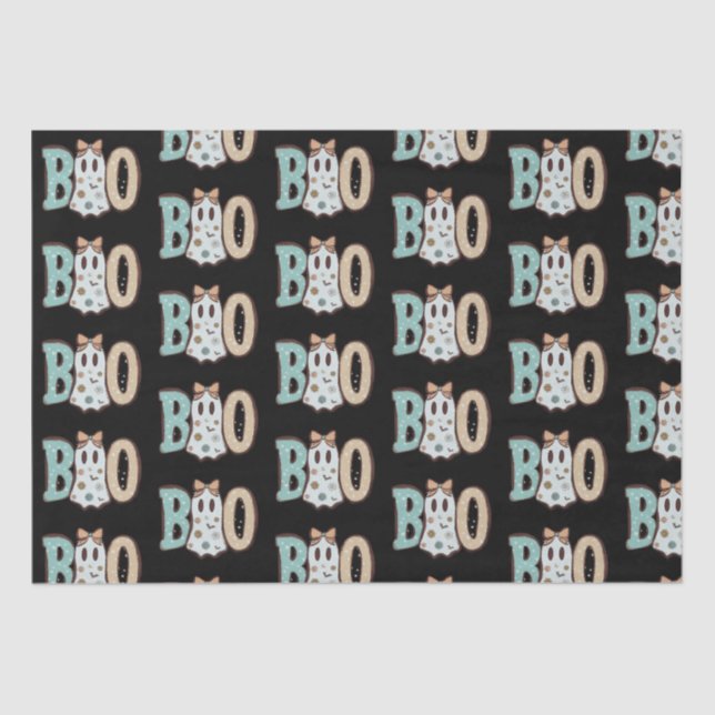Boo Ghost Green Orange Cute Black Halloween Tissue Paper (Front)