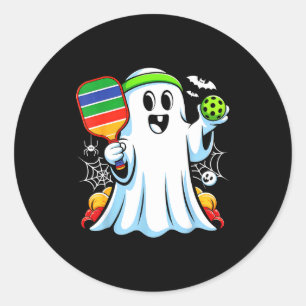 Boo ghost playing pickle ball funny halloween classic round sticker