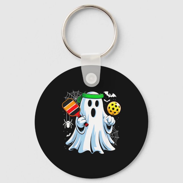 Boo ghost playing pickle ball funny halloween keychain (Front)