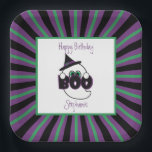 Boo Ghost Purple, Black, and Green Birthday Paper Plate<br><div class="desc">This friendly, little ghost is a sweet addition to a Halloween-themed birthday or other Halloween celebration. All dressed up in a black witch's hat with a purple band and green buckle, this cute ghost peeks above a big purple and black sign saying, "Boo." This plate can easily be customized with...</div>