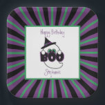 Boo Ghost Purple, Black, and Green Birthday Paper Plate<br><div class="desc">This friendly, little ghost is a sweet addition to a Halloween-themed birthday or other Halloween celebration. All dressed up in a black witch's hat with a purple band and green buckle, this cute ghost peeks above a big purple and black sign saying, "Boo." This plate can easily be customized with...</div>