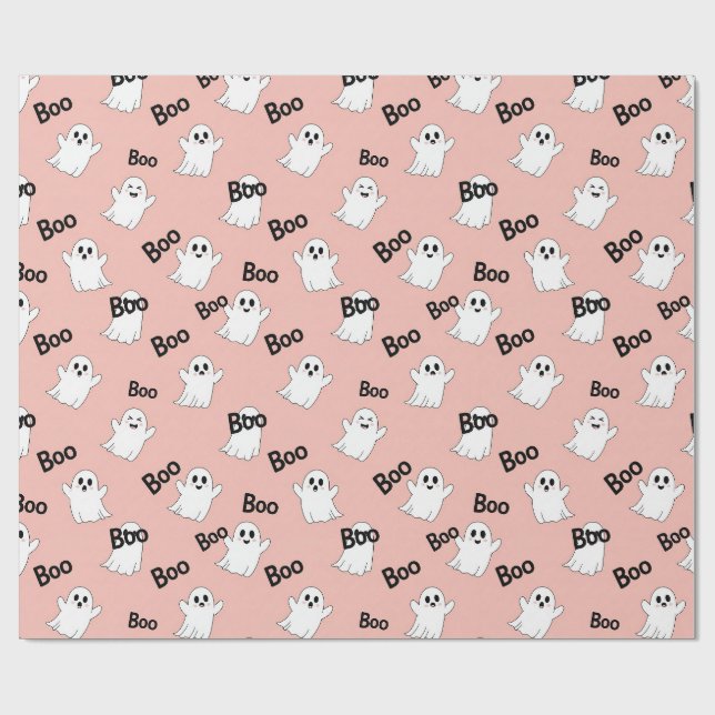 Boo Ghosts Pink Halloween Pattern Wrapping Paper (Flat)