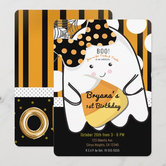 Boo Girl Ghost Halloween ONE 1st Birthday Party Invitation (Front/Back)
