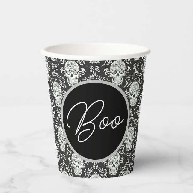 Boo! Gothic Skull Damask Paper Cup (Front)