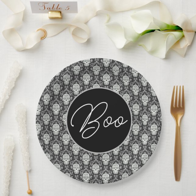 Boo! Gothic Skull Damask Paper Plate (Wedding)
