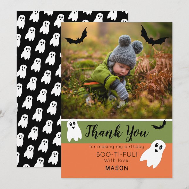 Boo Halloween Birthday Ghost Photo Thank You Card (Front/Back)