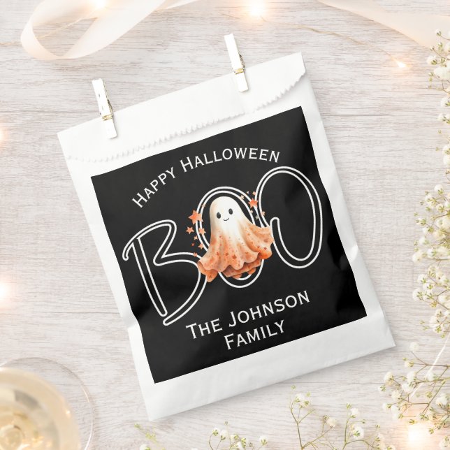 Boo Halloween Black Modern Name Favour Bag (Clipped)