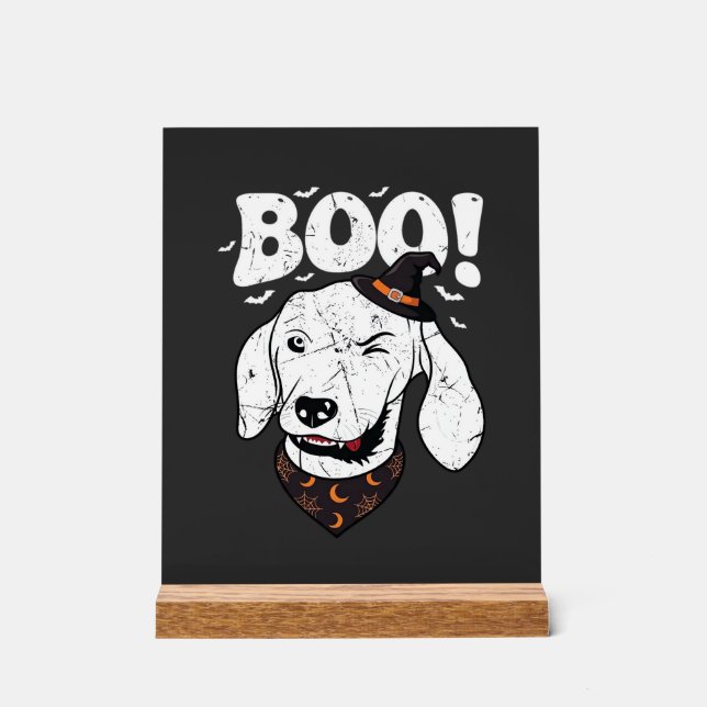 Boo Halloween Dog Witch Hat Bats Acrylic Sign (Front)