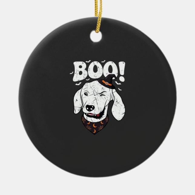 Boo Halloween Dog Witch Hat Bats Ceramic Ornament (Front)