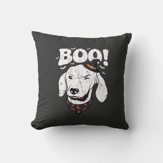 Boo Halloween Dog Witch Hat Bats Throw Pillow (Front)