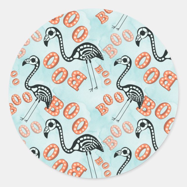 Boo Halloween | Flamingo Skeleton Classic Round Sticker (Front)