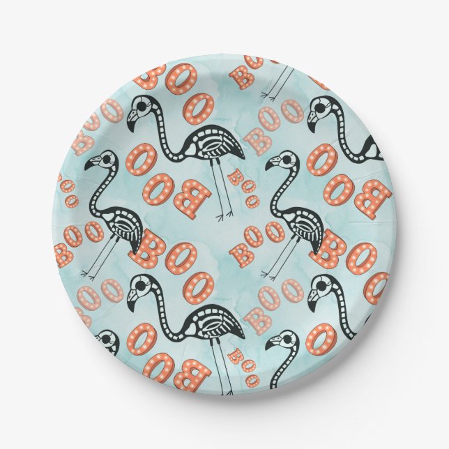 Boo Halloween | Flamingo Skeleton Paper Plate (Front)