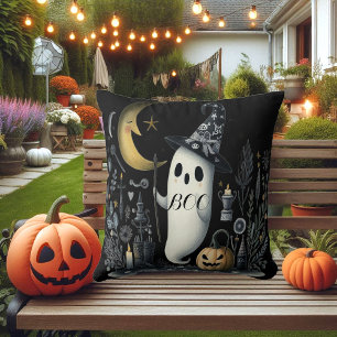 Boo Halloween Ghost Black Night Half Moon Jack Fun Throw Pillow