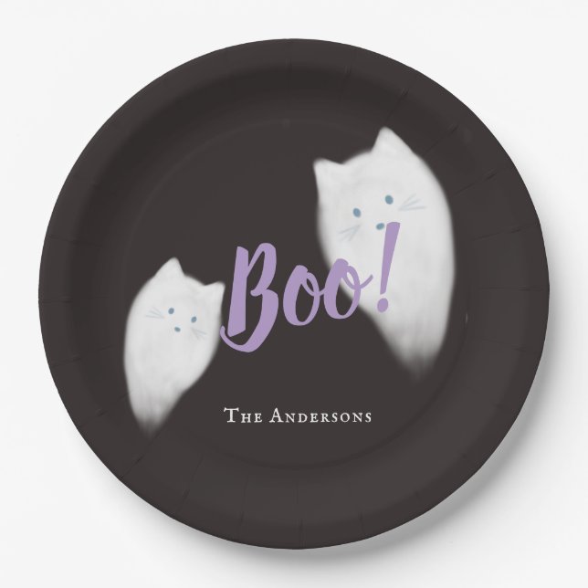 Boo! Halloween Ghost Cat Cute Black Paper Plate (Front)