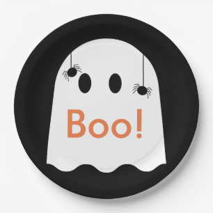 Boo! Halloween Ghost Cute Black Paper Plate