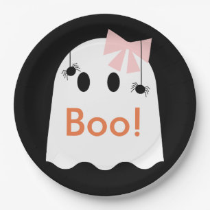 Boo! Halloween Ghost GIrl Cute Black Paper Plate