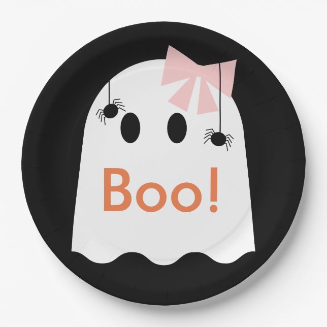 Boo! Halloween Ghost GIrl Cute Black Paper Plate (Front)