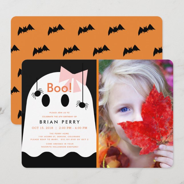 Boo! Halloween Ghost Girl Cute Photo Birthday Invitation (Front/Back)