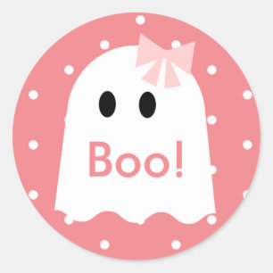 Boo! Halloween Ghost Girl Pink Polka Dots Classic Round Sticker