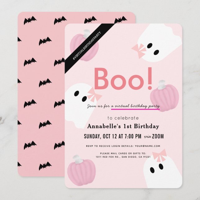 Boo! Halloween Ghost Girl Pink Virtual Birthday Invitation (Front/Back)